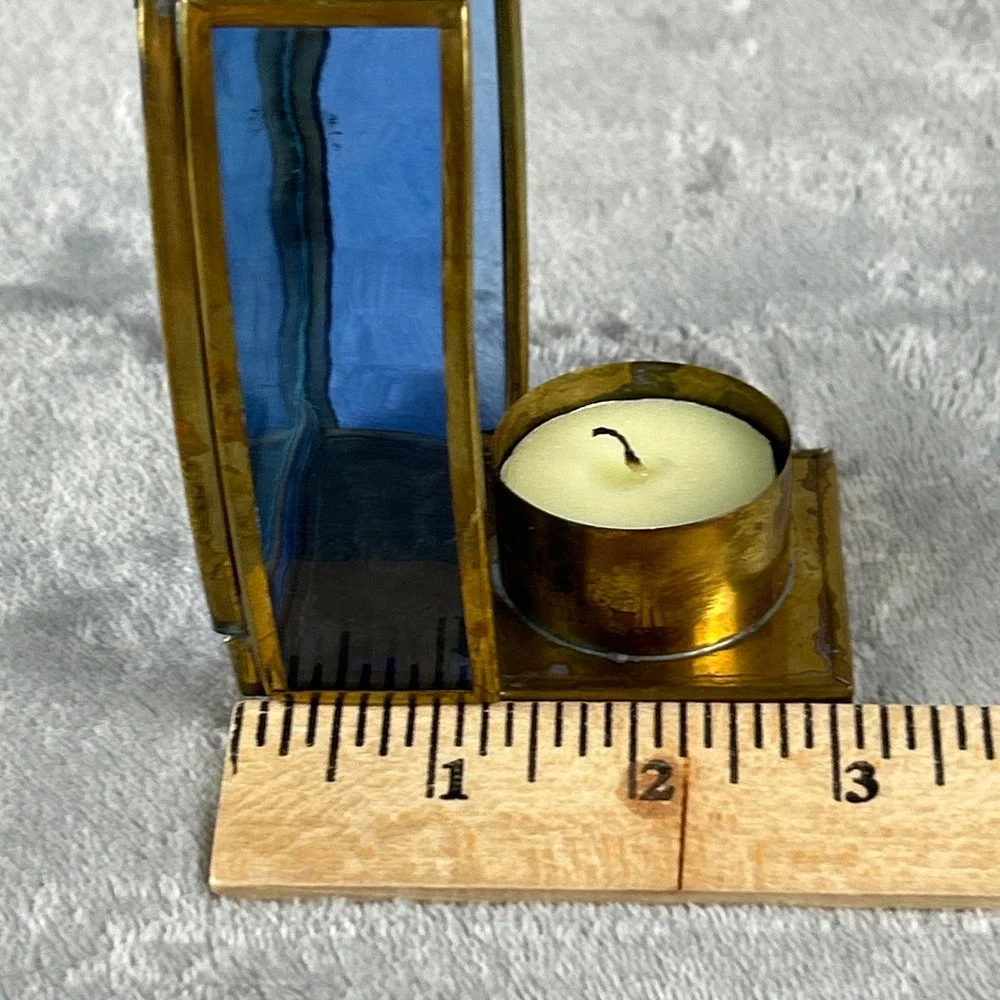 Vintage Thomas Kinkade Enesco Brass Glass Tea Light Candle Holder Winter Scene